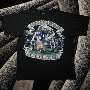 Vintage 2000s Y2K Indianapolis Colts Horse Player Flames Black Graphic T-shirt